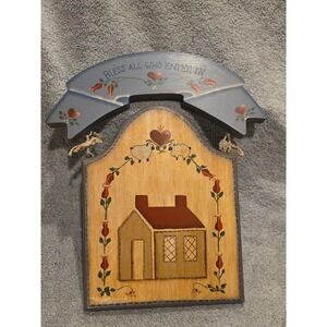 Bless All Who Enter Wooden Hanging Sign Sheep Hearts Country Blue Cottage 15x12"
